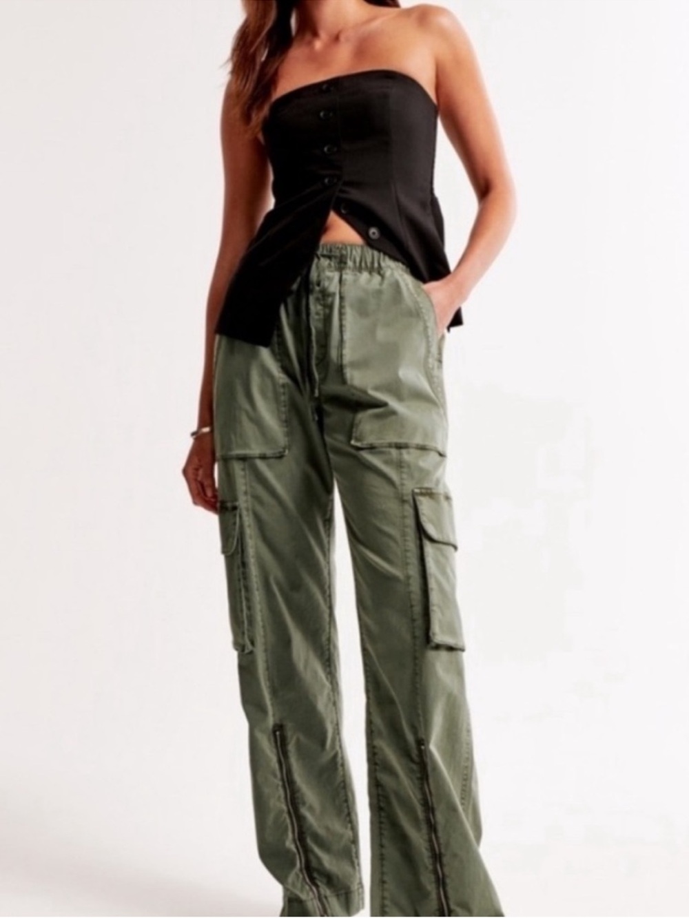 Abercrombie & Fitch Olive Green Wide Leg Baggy Cargo Pull On Pants Oversized - Picture 2 of 9